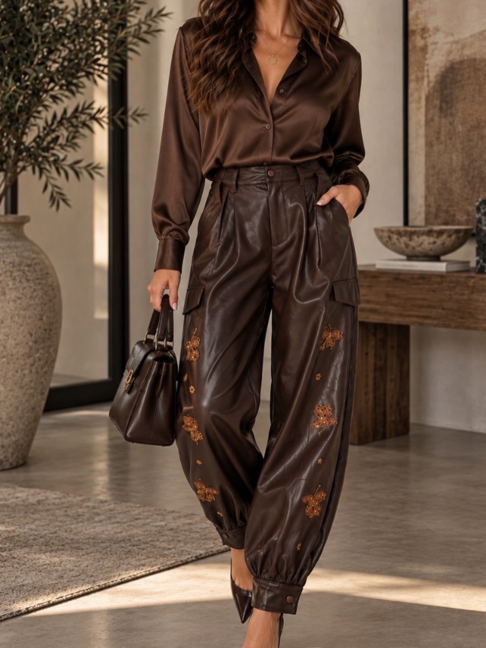 SM284| Flower Embellished Faux Leather Cargo Pants | Brown
